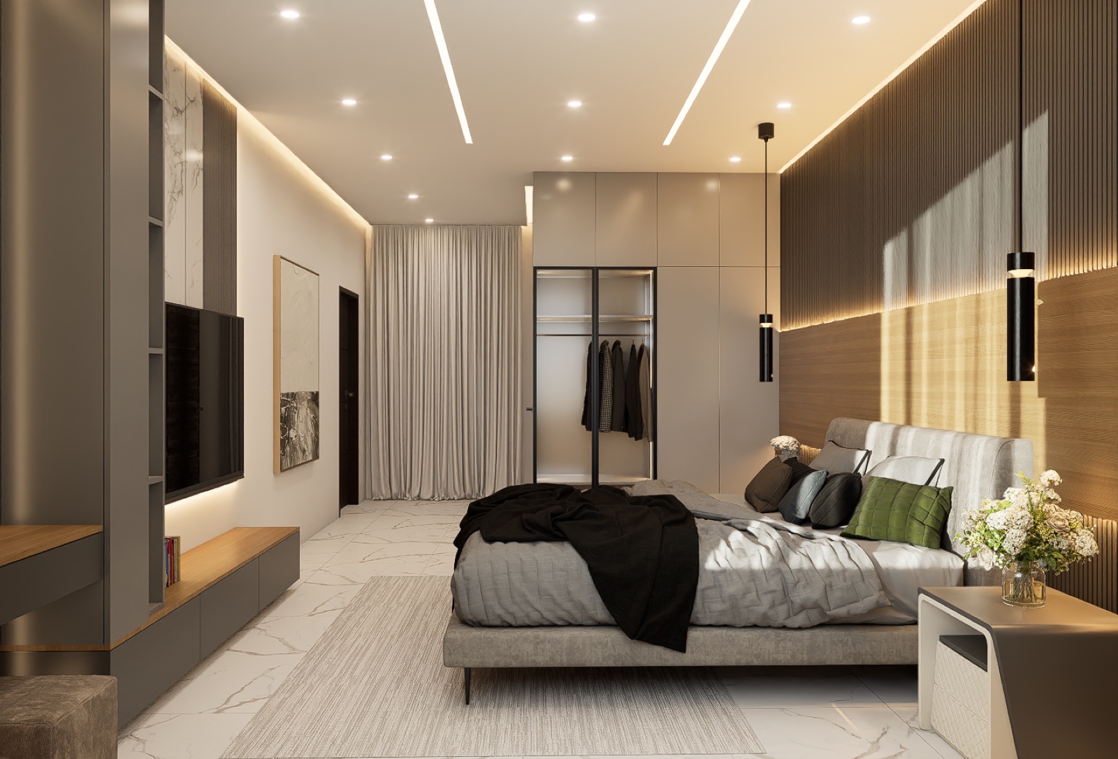 Rendered bedroom at Cedar Villas with soft lighting and built-in storage